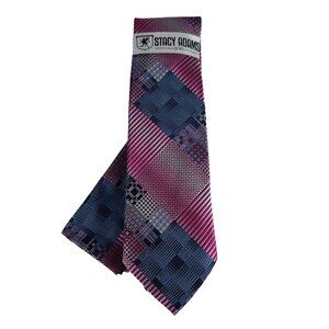 Stacy Adams Men's Tie Hanky Set Fushia Cobalt Blue Plaids Checks Microfiber New